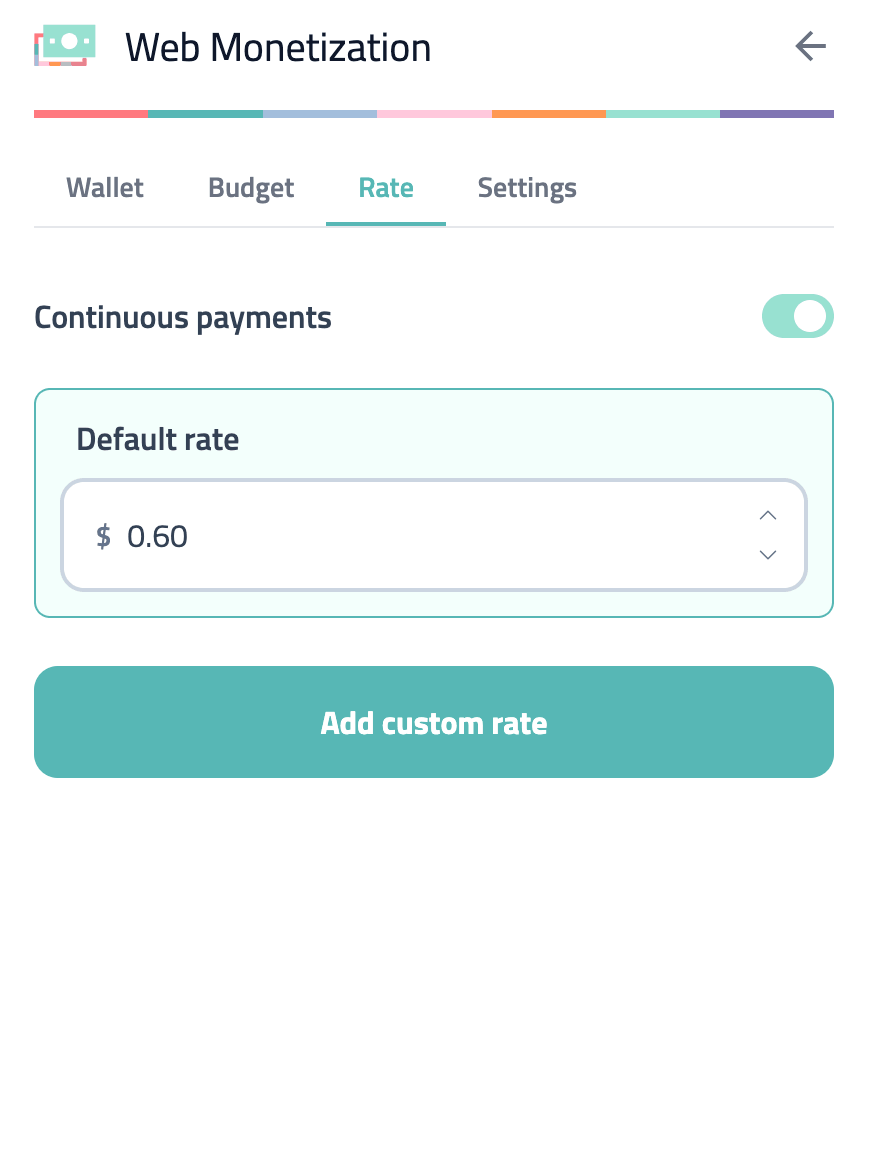 Rate tab with rate of pay per hour field and continuous payment toggle