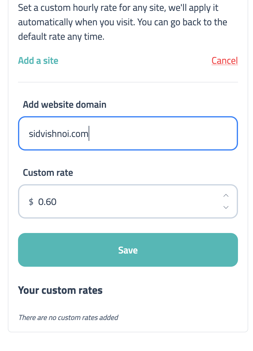 Settings tab with site sidvishnoi.com added to the domain field, a custom rate set to $0.60, and the Save button active