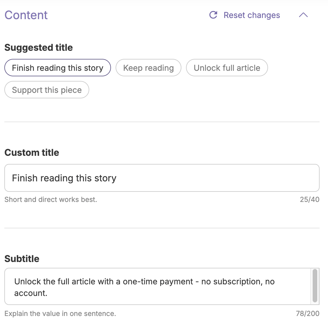 Panel showing suggested titles and a field to enter a custom title
